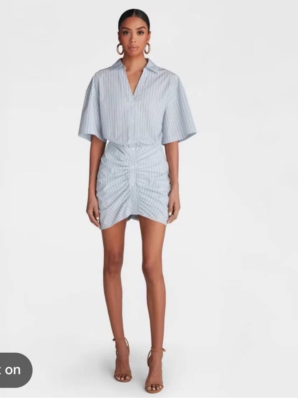 KBB Kahlana Blue White Striped Ruched Mini Shirt Dress V-Neck Short Sleeve Women